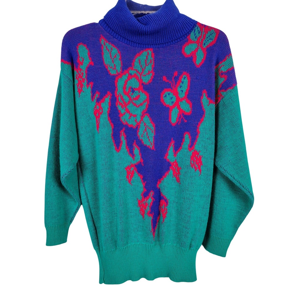 Pandora Womens L Vintage Butterfly Floral Turtleneck Sweater Teal Purple 80s 90s